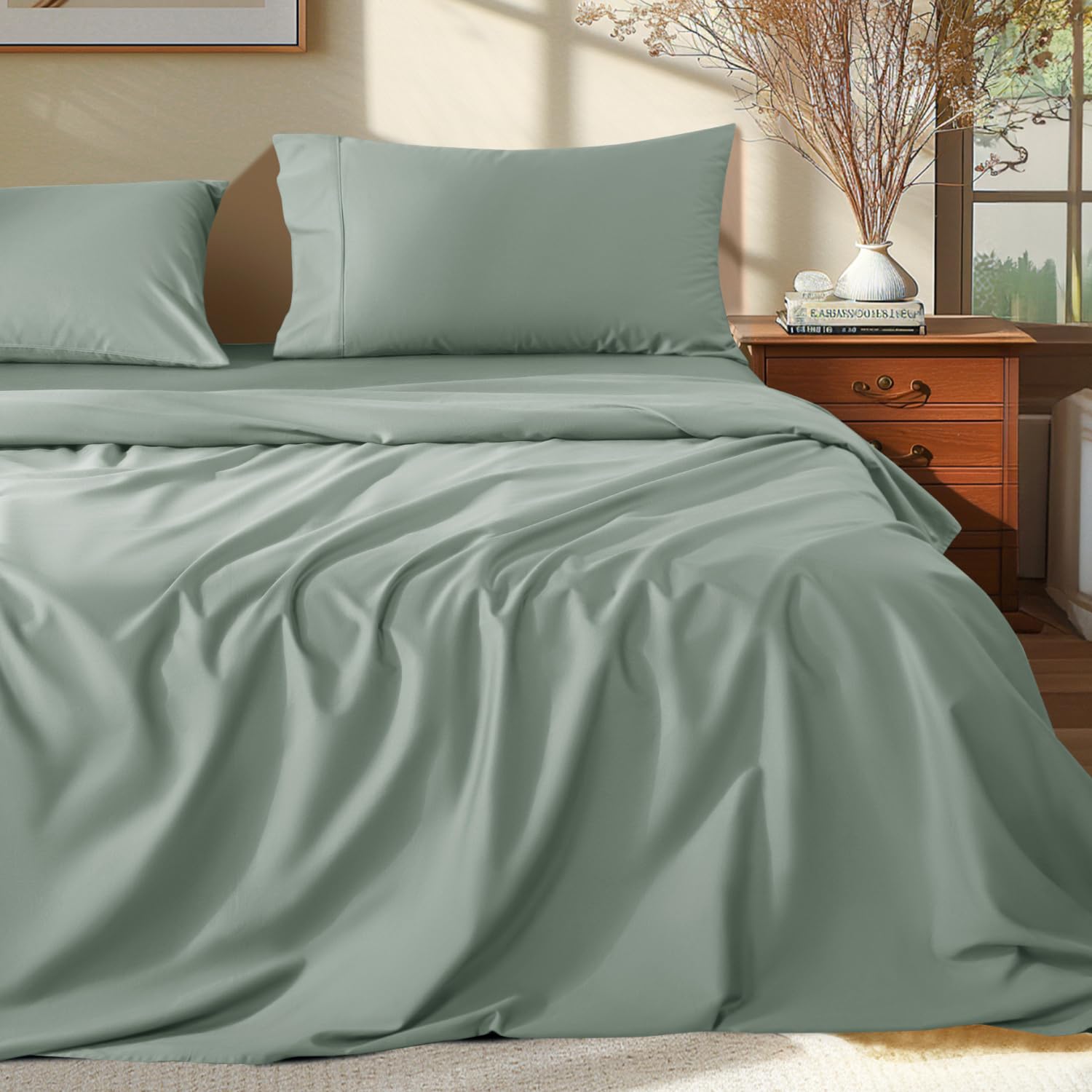 Shilucheng 100% Egyptian Cotton King Size Sheets Set - 1000 Thread Count,Luxury Cotton Bed Sheets,Breathable & Cooling Bedding And Pillow Cases, 16 Inch Deep Pocket - 4 Piece (Sea Glass, King)
